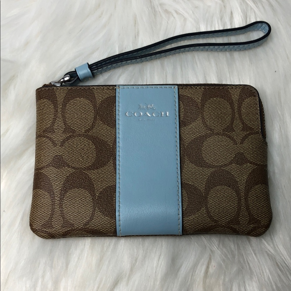 Coach Small Corner Zip Wristlet Wallet Light Blue Khaki Waterfall